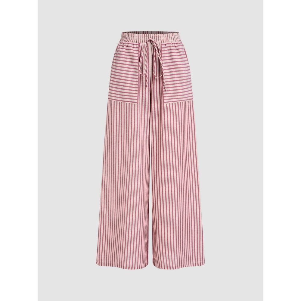 Cider Burgundy Cream Striped Wide Leg Pants Elastic Waist Small